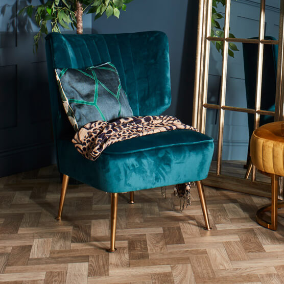 Mila Velvet Accent Chair & Stool in Teal Fabric