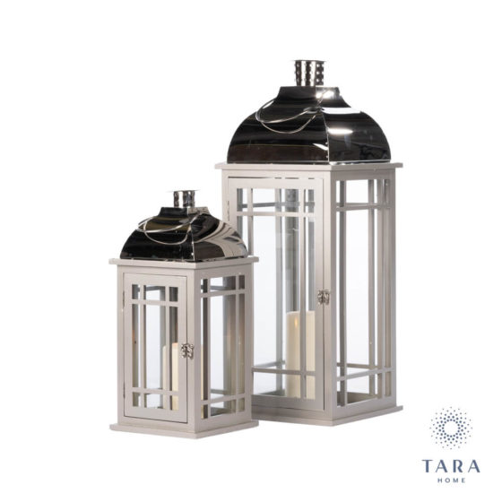 Julie Set of 2 Wooden Lanterns Grey Chrome