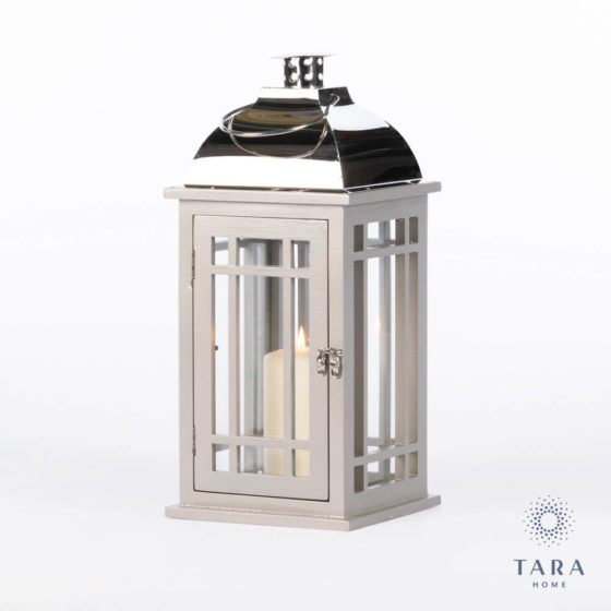 Julie Set of 2 Wooden Lanterns Grey Chrome