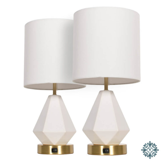 Geometric Bedside Lamps – White + Gold (Pair)