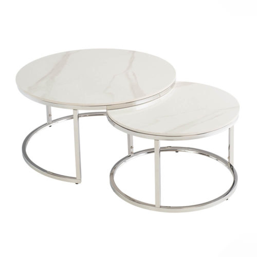 HANDEL ROUND COFFEE TABLE SET - SILVER+WHITE