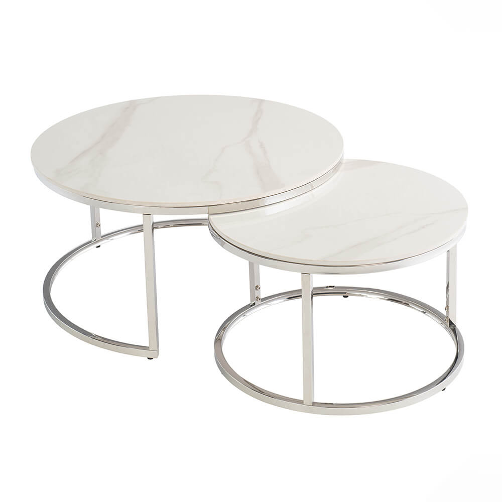HANDEL ROUND COFFEE TABLE SET – SILVER+WHITE