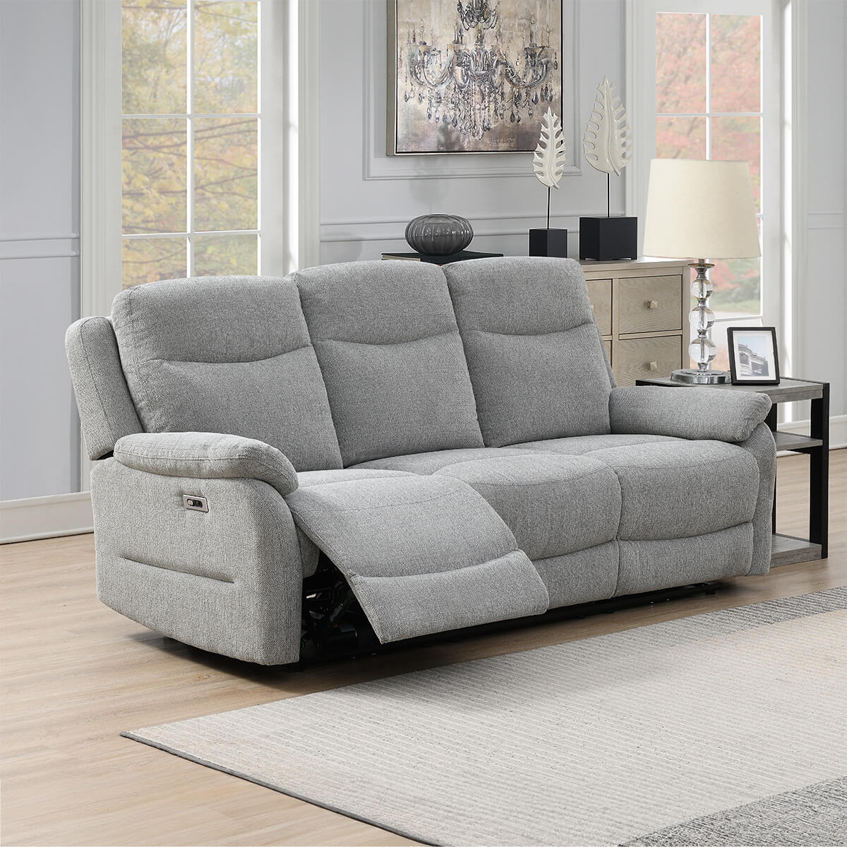 Keegan 3 Seater Electric Recliner - Light Grey Fabric - Get Furnished