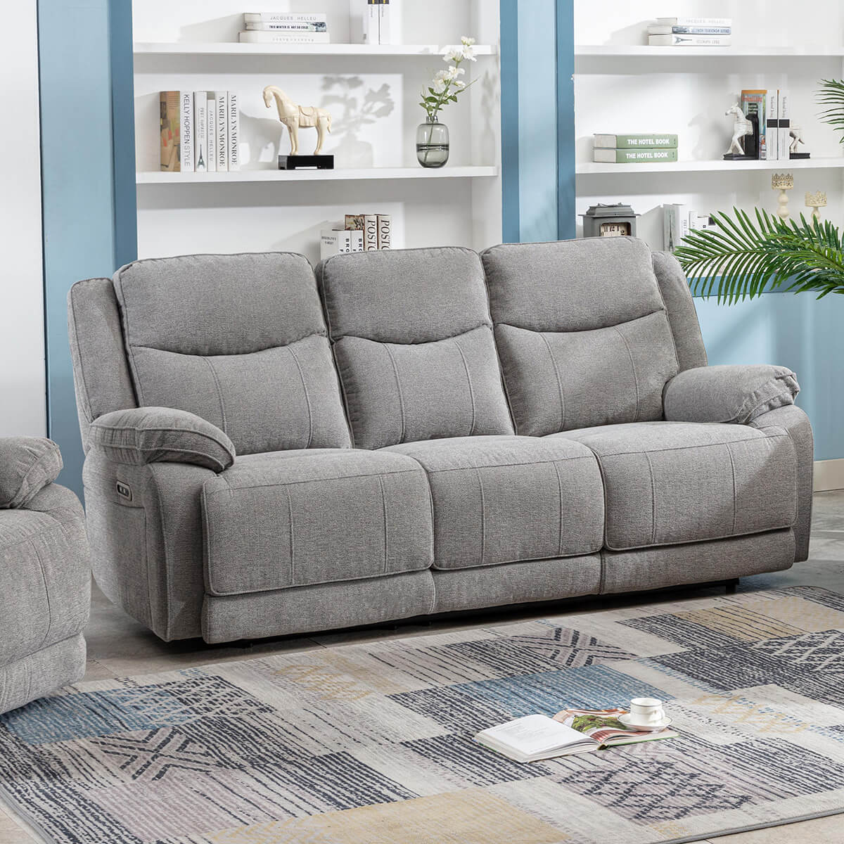 Herbert 3 Seater Electric Recliner - Light Grey Fabric - Get Furnished