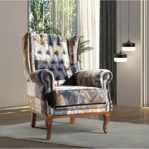 Clio Wingback Armchair - Patchwork Denim