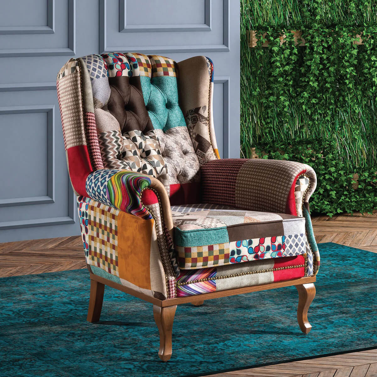 Clio Wingback Armchair – Patchwork Pink